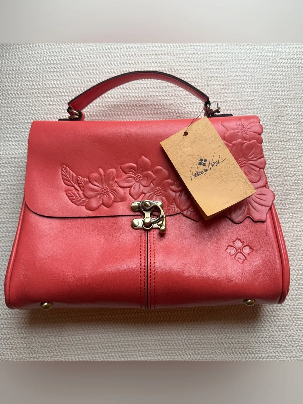 Patricia Nash Red Leather Floral Tooled Satchel Crossbody Bag NWT